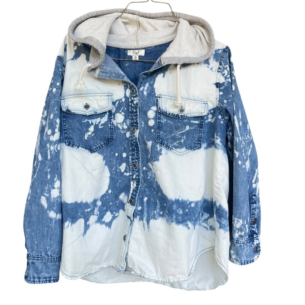 Easel Denim Shirt‎ Womens Small Blue White Tie Dye Button Up Hoodie Hooded Top